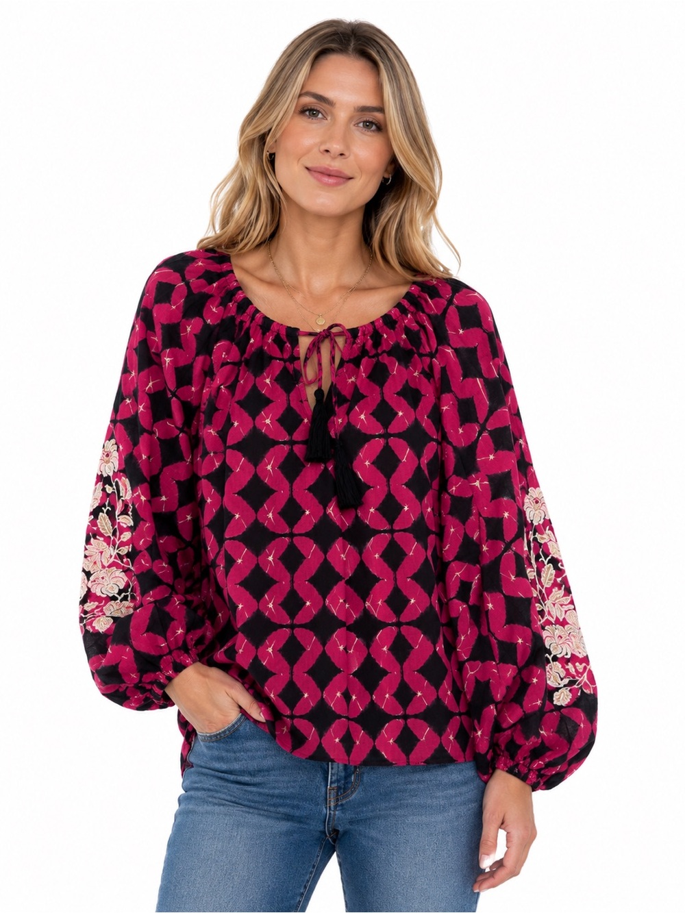 Sundance Hyacinth Batik Embroidered Top L Pink Black Cotton Boho Blouse